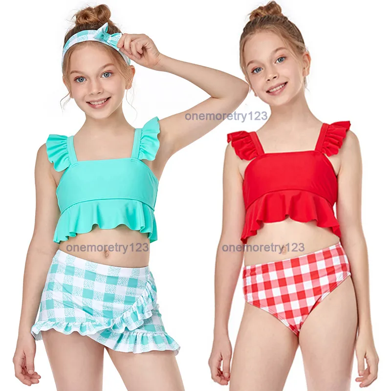 Fashion Girl Two Pieces Plaid Swimsuit Flounce Designer Bikini Set 2-12T Kids Summer Comfortable Swimwear 2 Style 3 Color