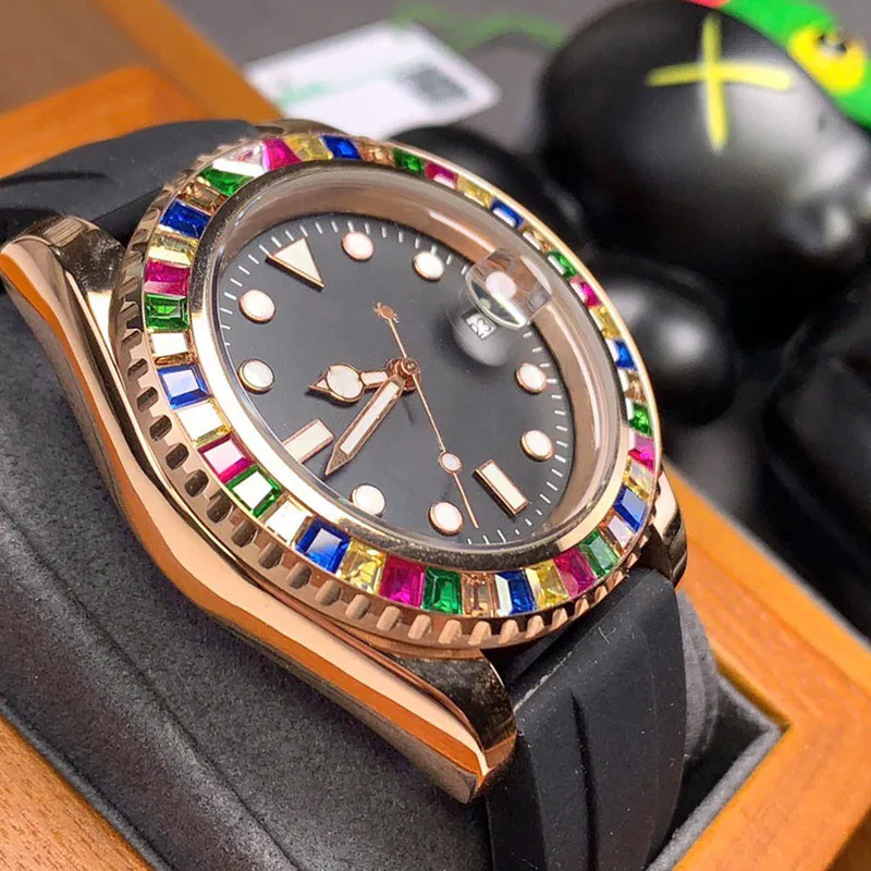 Часы ярких цветов с бриллиантами, мужские автоматические механические часы, 40 мм, женские наручные часы Montre de Luxe, регулируемый резиновый ремешок251F