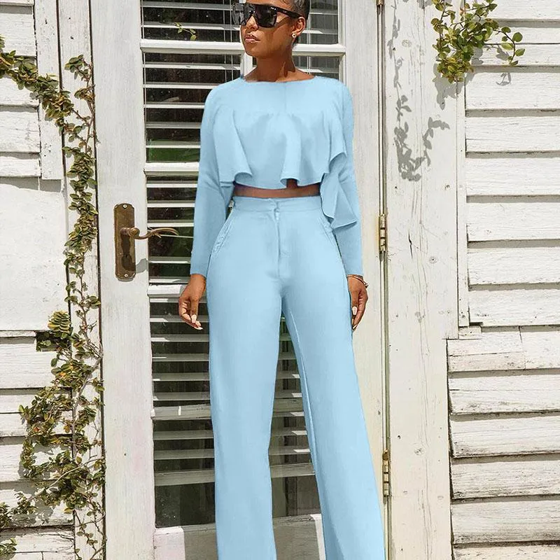 Women's Two Piece Pants Work Wear Elegant 2 Set Women 2022 Ruffles Long Sleeve Top And Matching Sets Office Business Casual Uniform Outfits