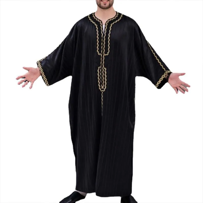2022 Men's Islamic Arabic Kaftan - Long Sleeve Loose Abaya Robe for Fashionable Saudi Arabia, Dubai and Jubba Thobe Ethnic Attire for Male