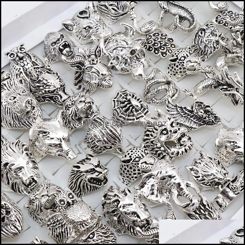 wholesale 20pcs band rings mix snake owl dragon wolf elephant tiger etc animal style antique vintage jewelry ring for men women