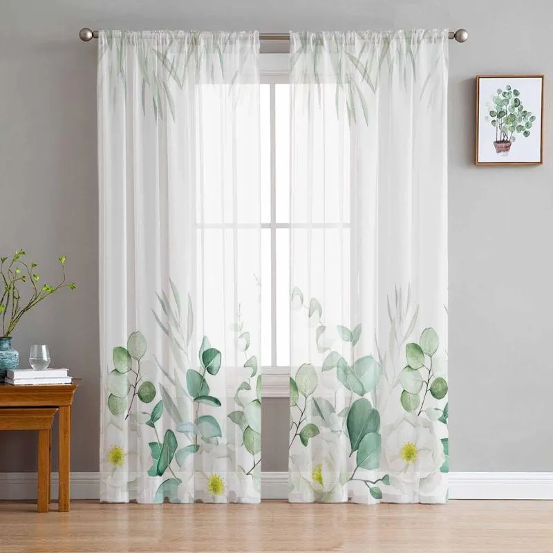 Curtain & Drapes Summer Watercolor Plant Eucalyptus Leaf Tulle Window Curtains For Bedroom Indoor Living Room Voile Decor Sheer DrapesCurtai