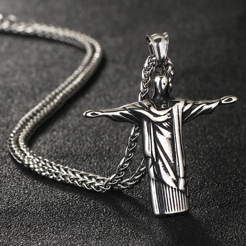 Pendant Necklaces Christ Redeemer Portrait Cross Necklace Rio Brazil Jesus Statue Stainless Steel Chain Cristo Redentor JewelryPendant