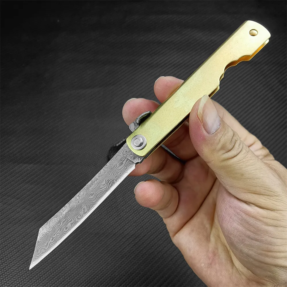 Mini couteau de poche japonais Higonokami fait à la main VG10, lame de damas, manche en laiton tranchant, chasse en plein air, couteaux pliants EDC, outil pour cadeau de noël BM 535 4850 15006