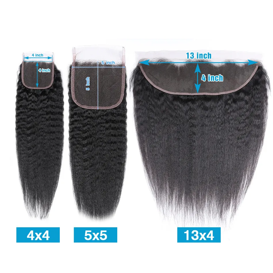 HD Lace 5x5 Malaysisk Kinky Straight Closure Coarse Yaki Human Hair Free Middle 3 Part Lace Closure Blekt Knots Med Baby Hår