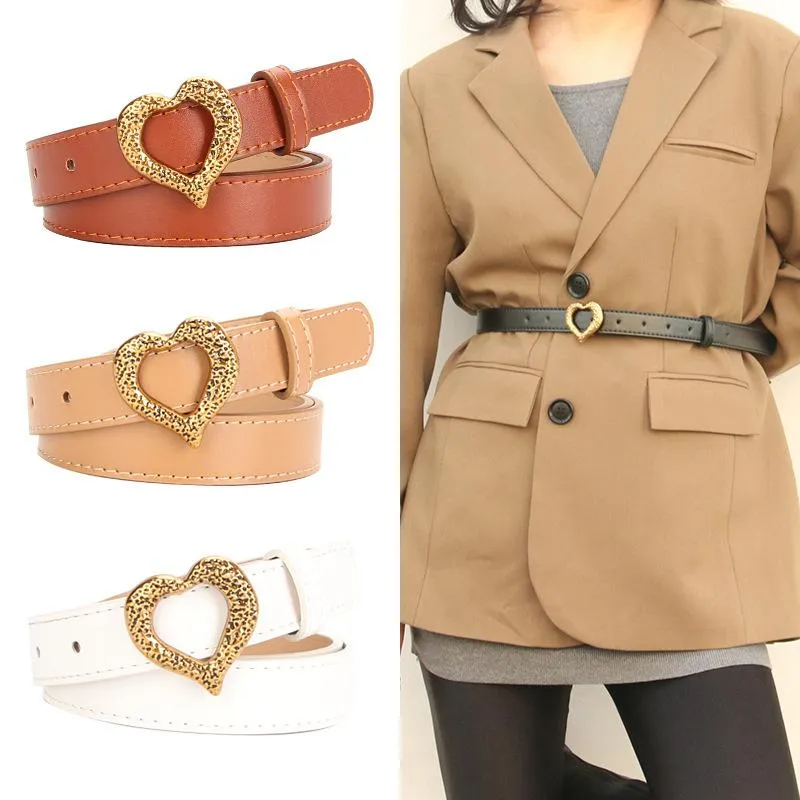 Belts 2.3 103cm Ladies Belt Vintage Gold Heart Buckle Faux Leather Band Fashion Versatile Suit Dress Decorative StrapBelts