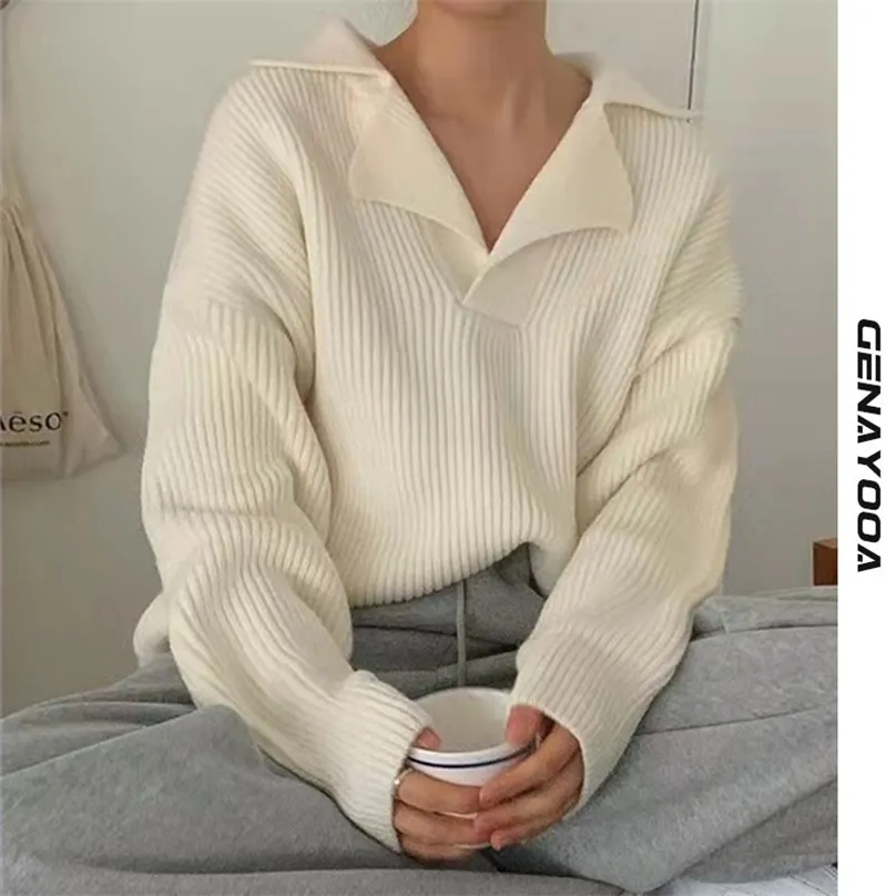 Genayooa Chic Turndown Collar Sweater Women Solid Casual Knit Pullover LEGS SLEEVE AUTUAN WINTER FASHION KOREAN JUMPER220817