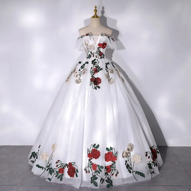 White prom dress with embroidered flowers hotsell