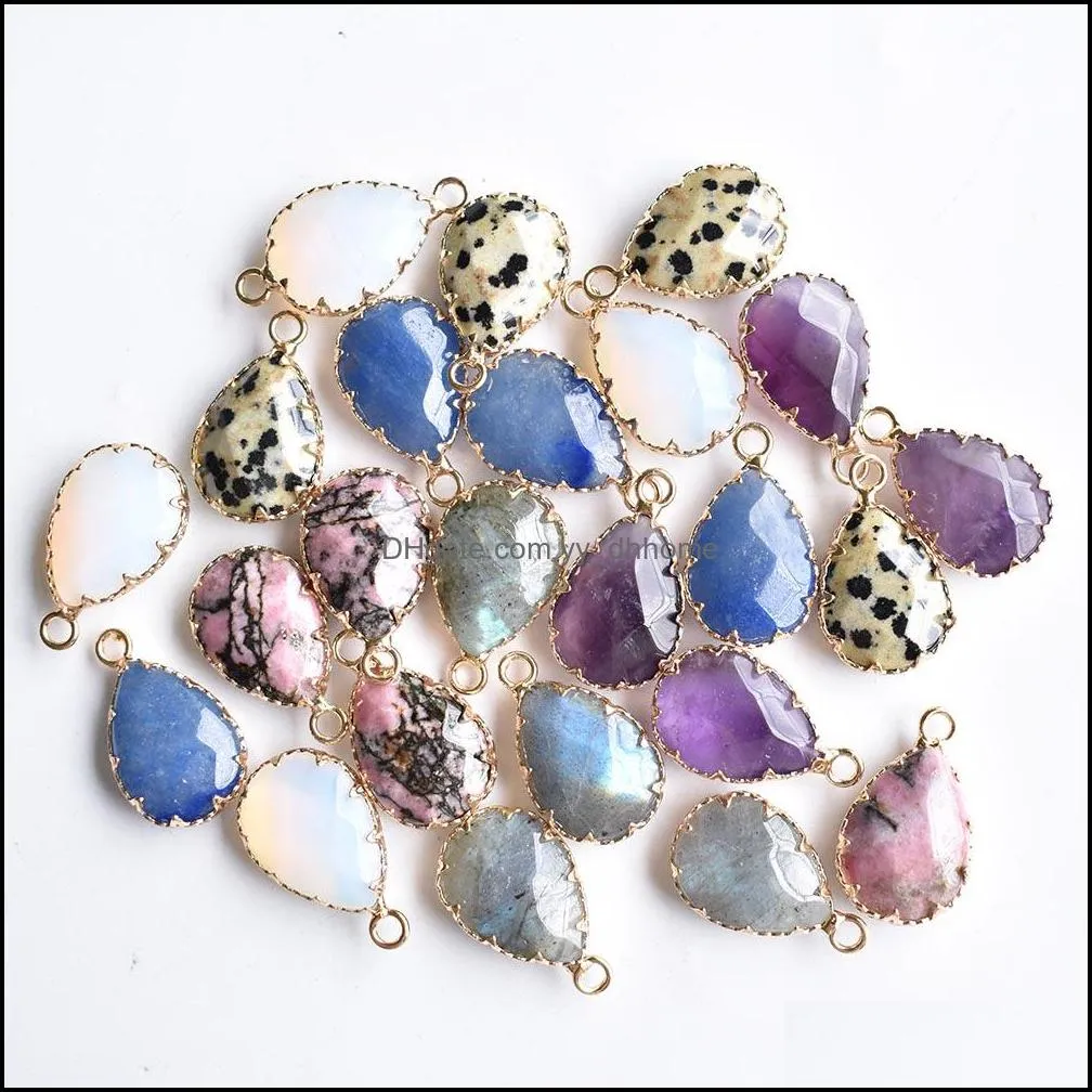 Natural Stone charms Shimmer amethysts section water drop shape gold color Connector pendants for necklace jewelry making