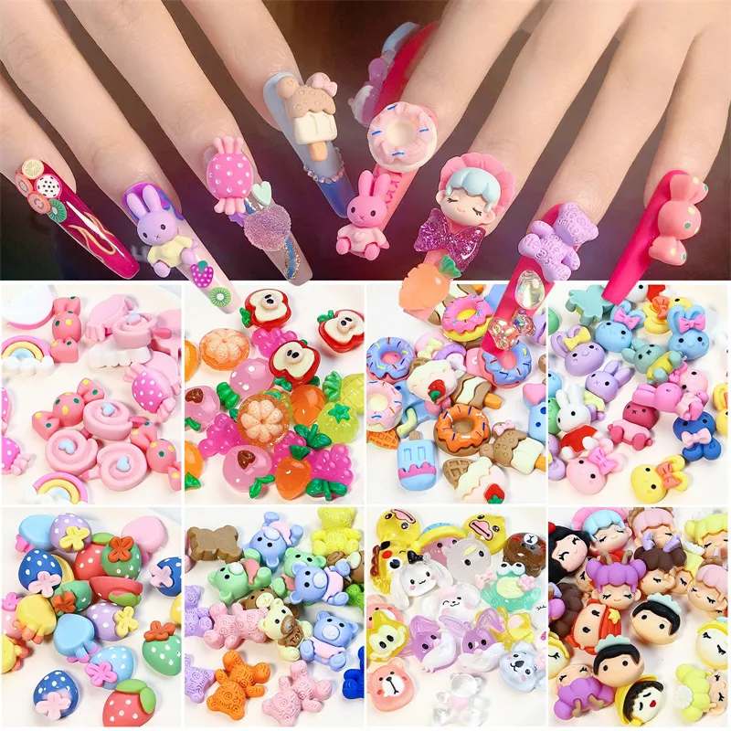 Nail Art Süslemeleri Karışık Renk Tarzı Sevimli Karton Çiçek Meyve Şeker Kalp Şekli 3D Dekorasyon Aksesuarları Için DIY Çivi Cep Telefonu Kılıfı Hairband