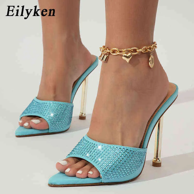 Eilyken Blue High Heel tofflor Summer Fashion Crystal Design Point Toe Slides Women Mules Pumpar STOR STORLEK 35 42