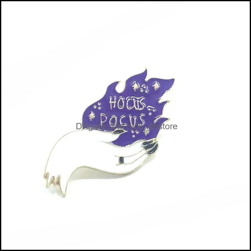 hocus pocus pin silver witch hand brooch magical purple flame badge gothic aesthetic jewelry horror halloween gift