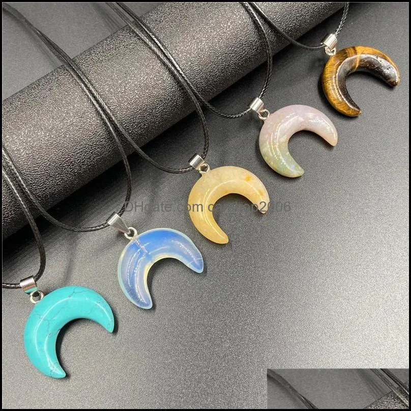 healing crystal natural stone pendant ox horn shape charms turquoise tiger eye lapsi green crystal rope chain necklaces carshop2006