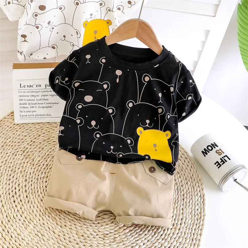 Söt baby pojke kläder sommaruppsättning tecknad dinosaurie tryck kort ärmskjorta + byxor för 1 2 3 4 år barn småbarn outfit 220507