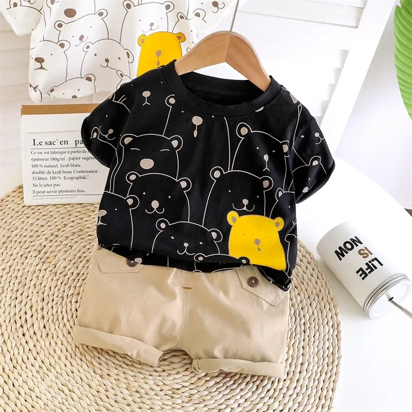 Cute Baby Boy Clothes Summer Set Cartoon Dinosaur Print Short Sleeve Shirt + Pants for 1 2 3 4 Years Kid Toddler Outfit 220507