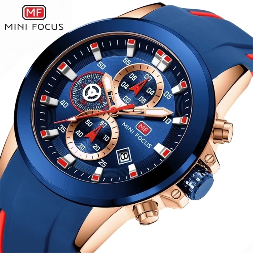Minifocus Chronograph Mens Watches Brand Luxury Sport Date Date Quartz Silicone Wristwatches Waterproof Men Work Watch Man T200815
