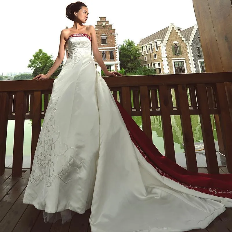 Dark Red White Gothic Wedding Dress Strapless Satin... From Alegant_lady,  $135.11 | DHgate.Com