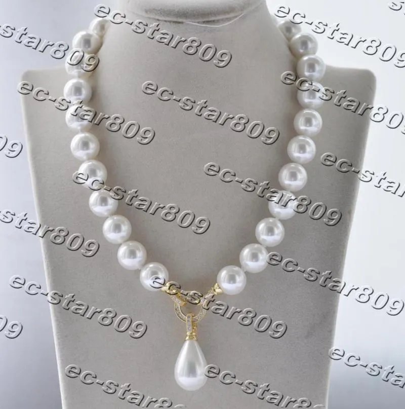 Pendanthalsband 17 "Vit Round South Sea Shell Pearl Necklace Drop Women Fasion Jewelrypendant