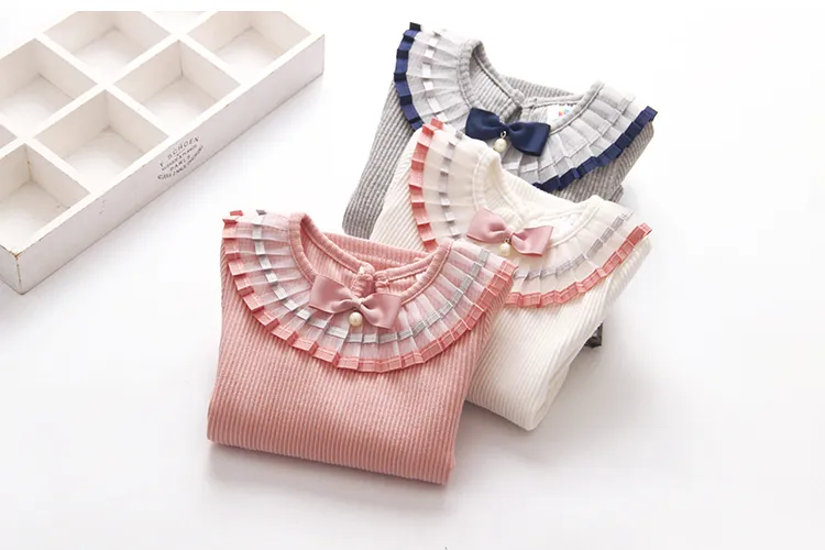 2018 Spring Autumn 100% Cotton White Grey Pink Solid Color Long Sleeve Pleated Turn-Down Collar Neck T Shirt For Girls 10 Years (10)