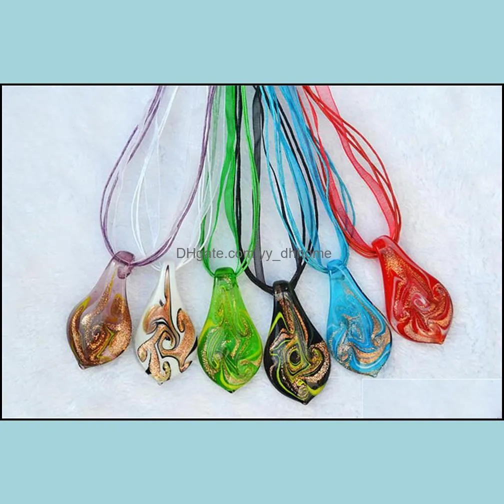 fashion wholesale 6color gold dust necklaces handmade murano lampwork glass mixed color stripe waterdrop pendant necklace jewelry gift