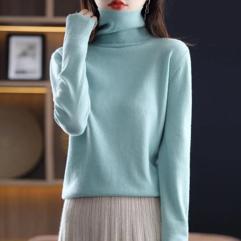 Suéteres de mujer Otoño e invierno Suéter de lana pura Mujeres 2022 Cuello alto Básico Temperamento simple Camisa de fondo de punto que combina con todo