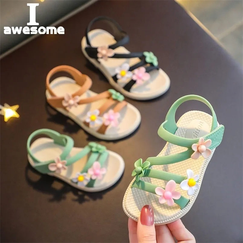 Sommar Little Girls Flower Simple Cute Pink Green Children Sandaler Toddler Baby Soft Casual School Girl Shoes 220607