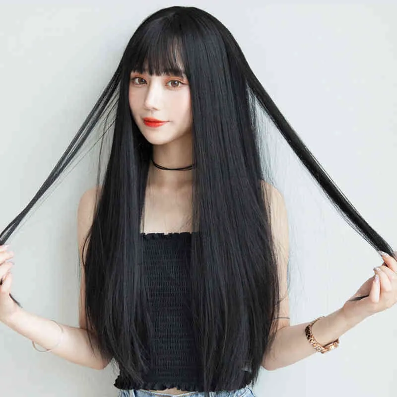 NXY 가발 Xuchang 가발 헤드 커버 여성 여름 긴 머리 에어 뱅크 검은 스트레이트 천연 풀 220524
