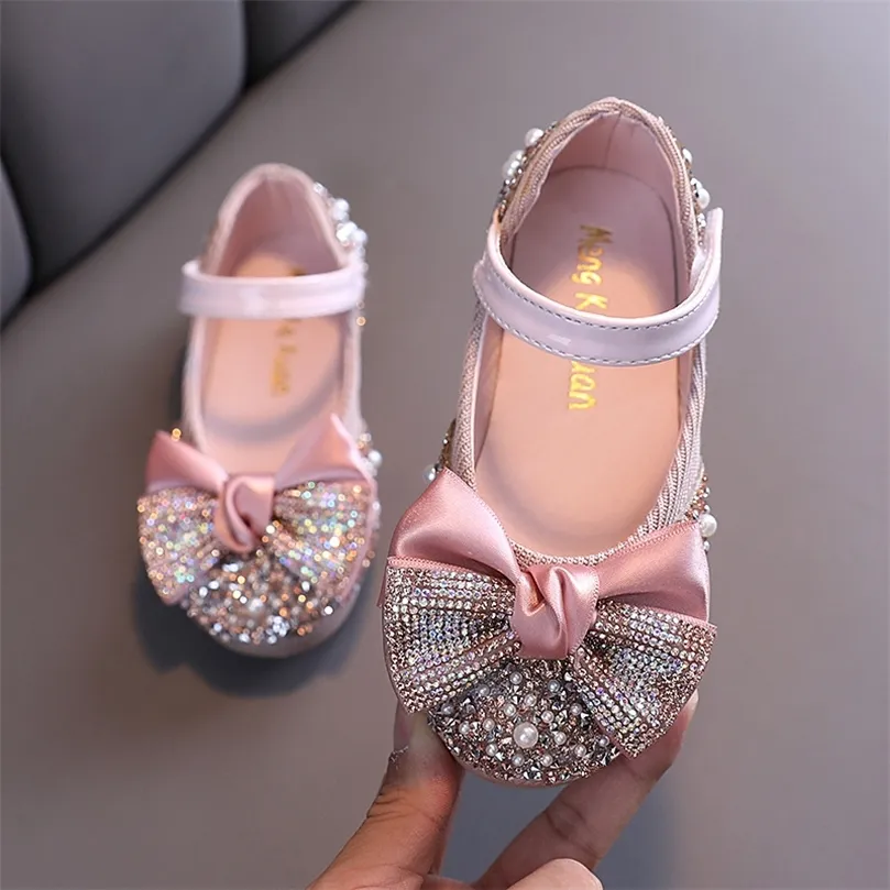 Sepatu Kulit Anakanak Baru Berlian Imitasi Busur Putri Perempuan Pesta Dansa Bayi Siswa Flat Kinerja D785 220611