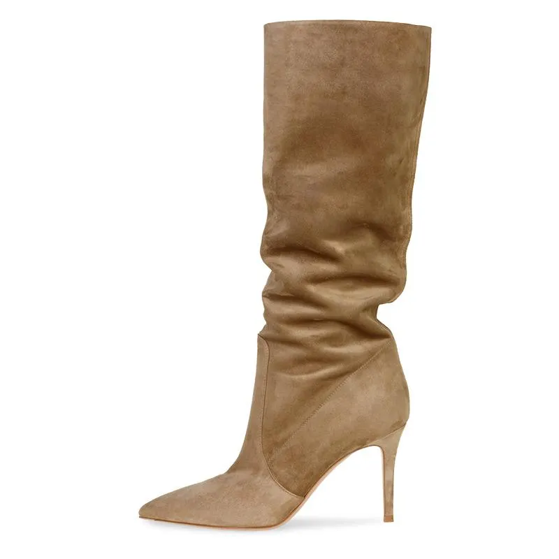 Stövlar Suede Knee High Slouch Slip på Skor Vinter Slouchy Long Woman Heel Senaste Camel Ladies Tall Boot Stiletto