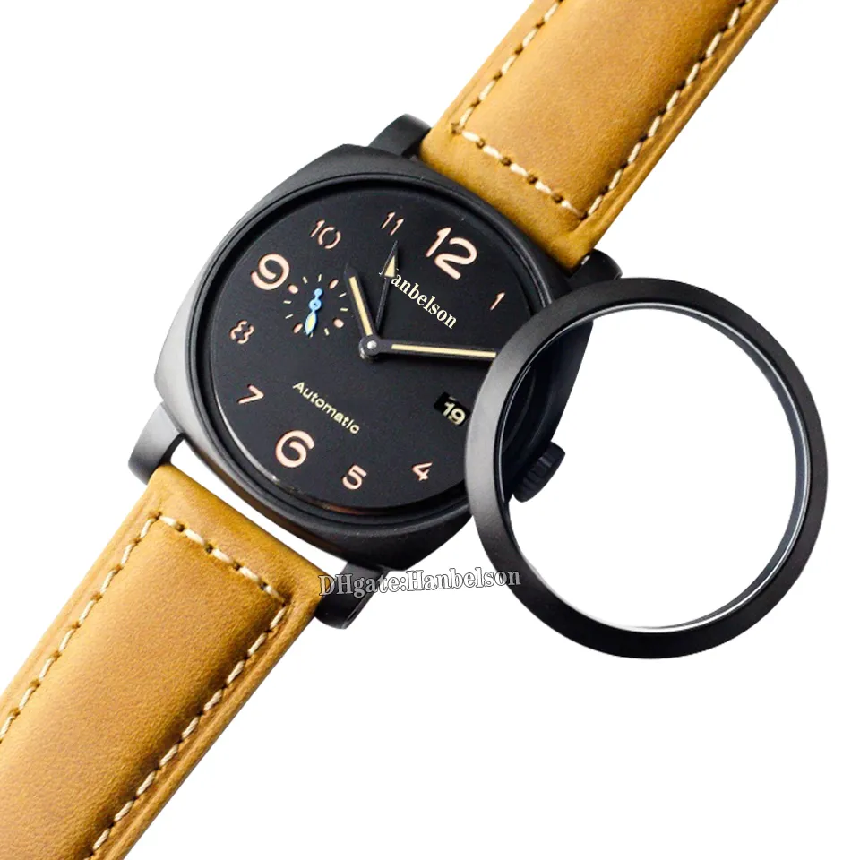 GMT Mens Watch 1950 Movimento automático Preto 44MM Moldura aberta Relógio de pulso pulseira de couro marrom