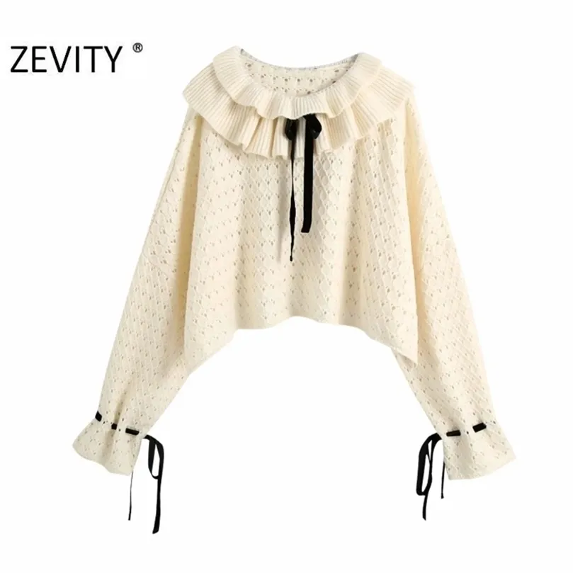 Zevity Women Fashion Cascading Ruffle Hollow Out Knitting tröja damer långärmad båge bundna avslappnade tröjor chic toppar s391 201221