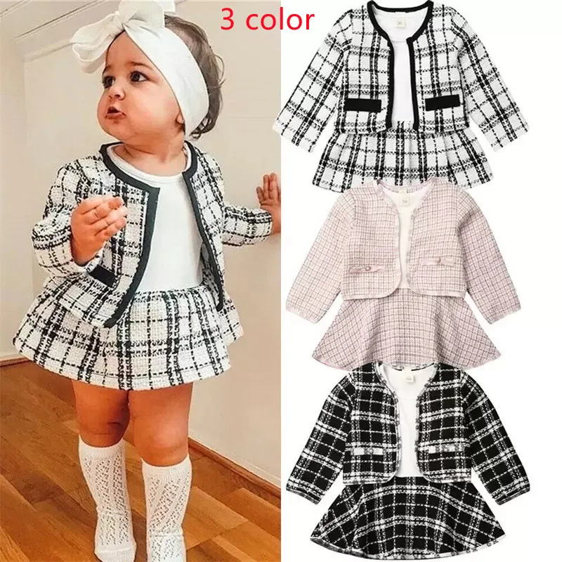 Ensembles de vêtements pour bébés, matériel de qualité de styliste, robe deux pièces et veste, manteau pour filles B2