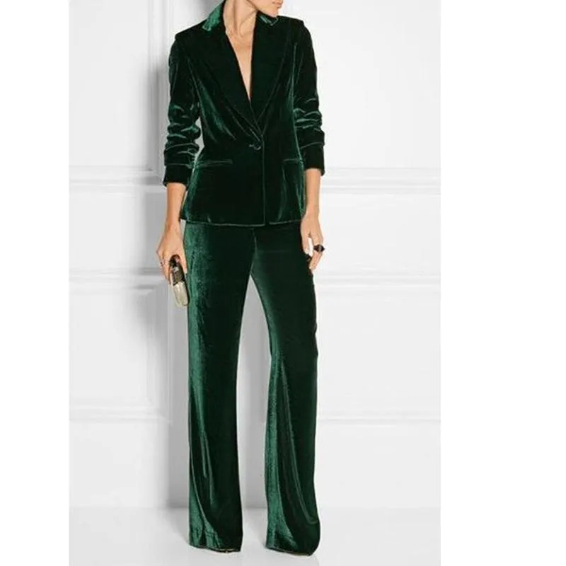 Women's Two Piece Pants Velvet Ladies Pantsuit Custom Made Women Jacket Green Fashion Long Sleeve Suit Tailored Collar SuitWomen's