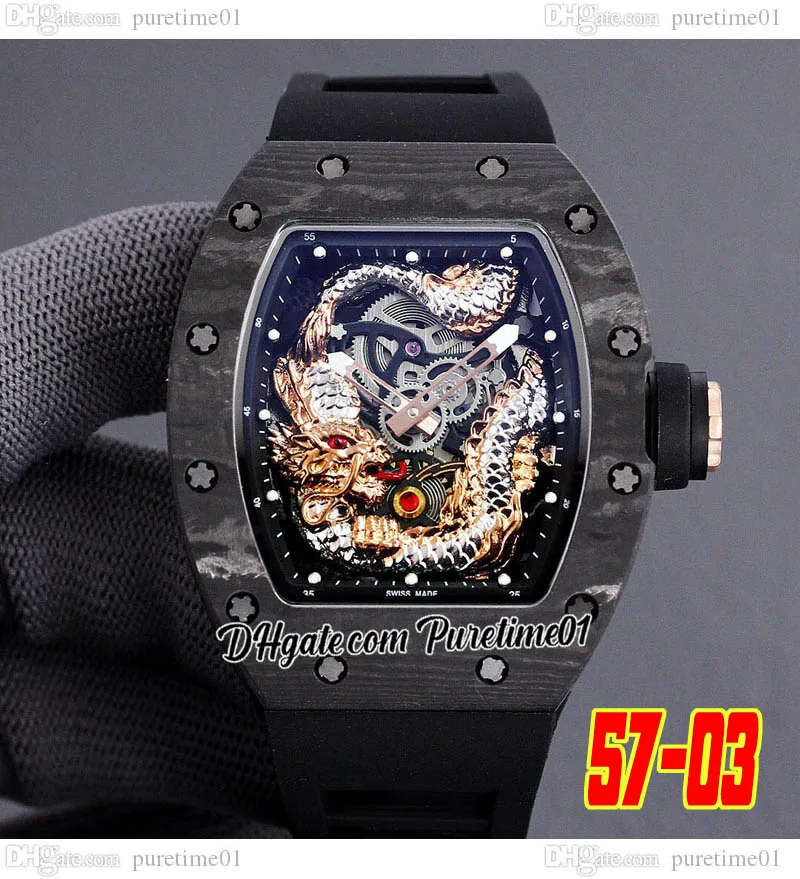 2022 Kolfiber tpt Miyota Automatisk Tourbillon Mens Watch 3D Sapphire Dragon Skeleton Dial Dark Black Rubber Strap Super Edition Jack Chen Puretime01 E280-5703-E5