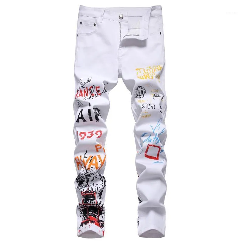 Erkekler Kot erkek moda tasarımcısı grafiti baskılı erkekler hip hop sokak kıyafeti pamuk kot pantolon ince fit erkek rahat pantolon