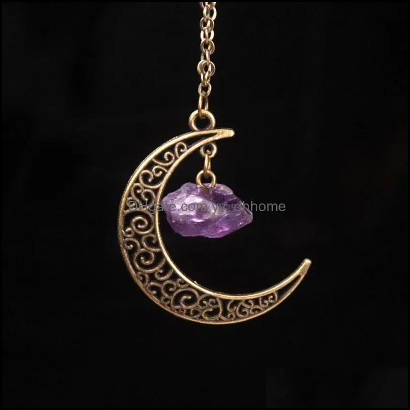 irregular natural original stone crystal quartz style moon shape pendant necklaces with 18inch link chain for women men girl jewelry