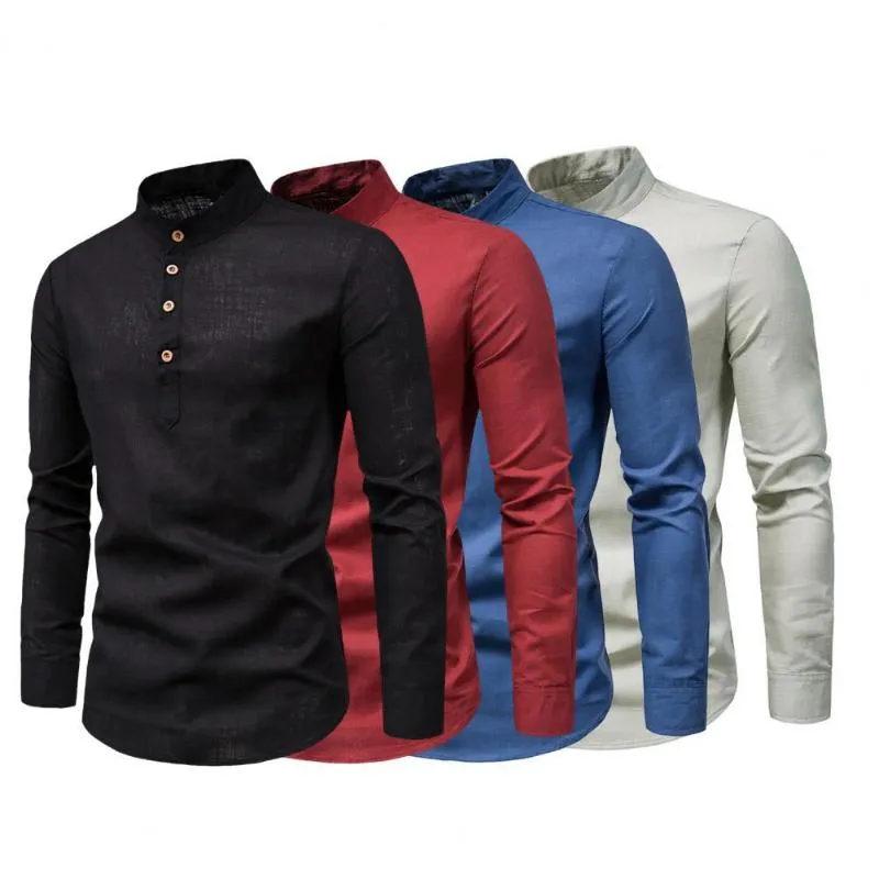 Erkekler Elbise Gömlek Erkeklerin Sonbahar Pamuk Keten Uzun Kollu Bluz İş Gömlek Karşıt Karşıtı Stand Yakası İnce Resmi Nefes Alabilir Topçılar