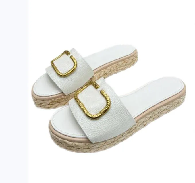 Pantofole da donna Sandali intrecciati Suola con decorazione in metallo Suola spessa Slip-on Scarpe da spiaggia casual Taglia 35-42