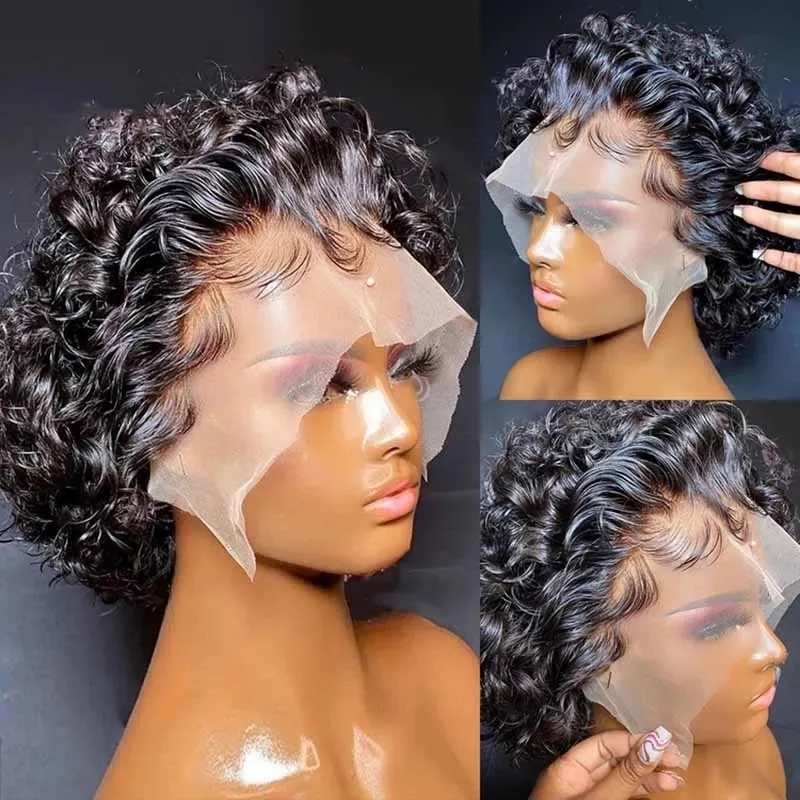 Pixie Cut Short Curly Menselijk Haar Pruiken 13x3 Bob Water Wave Transparante Kant Pruik Voor Dames Pre Pluked