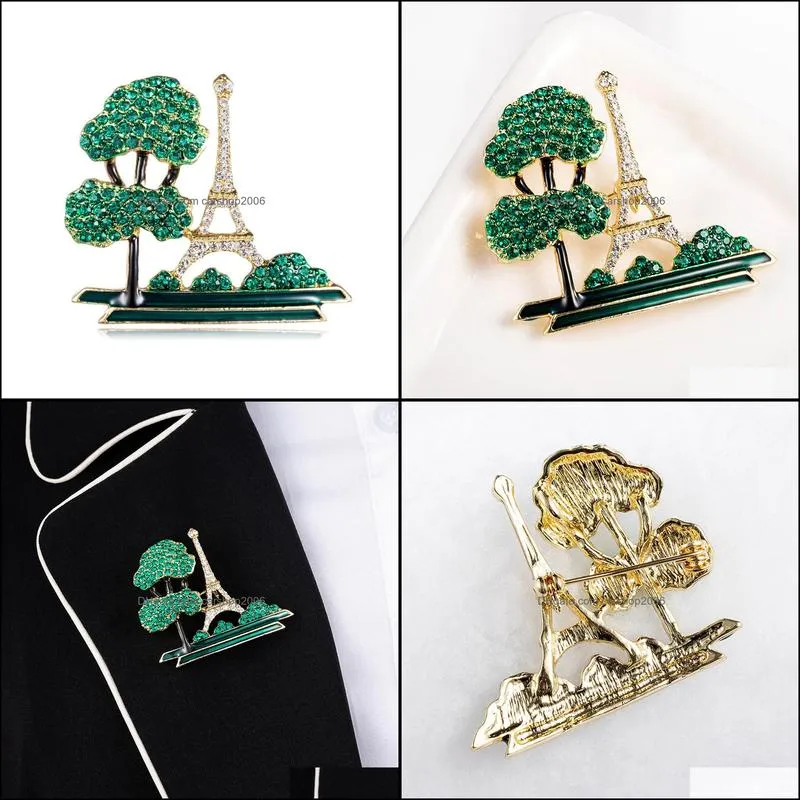 Enamel Eiffel Tower Building Tree Brooch Green Brooches for Women Pins Lapel Pin Clothing Scarf Badges