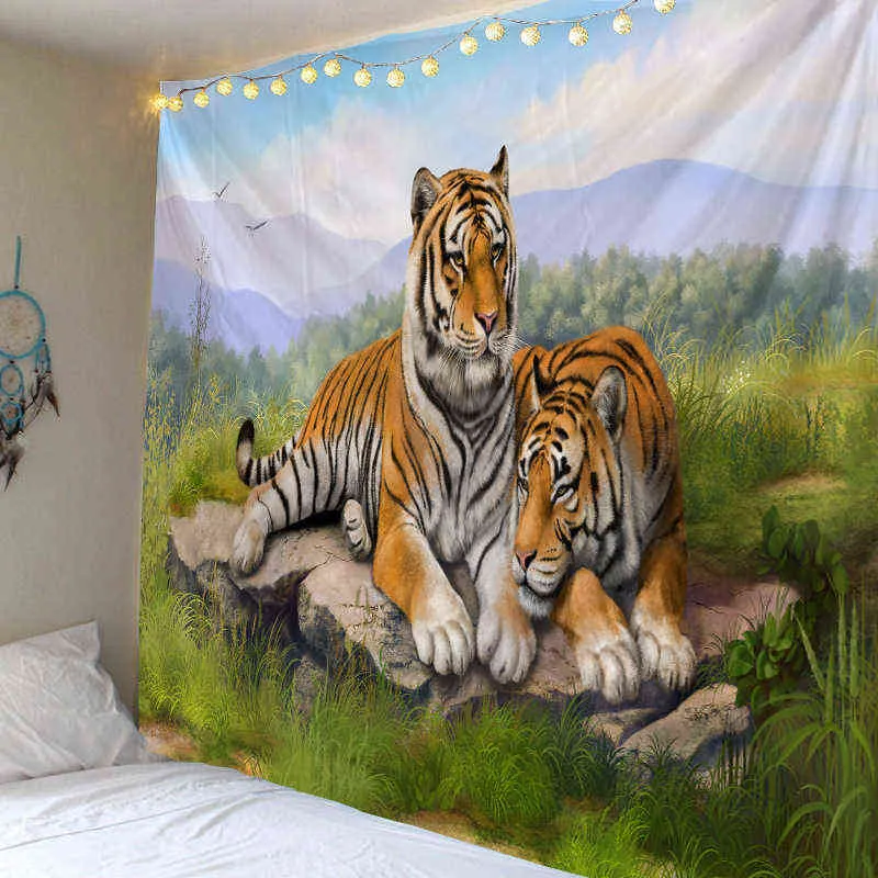 Natur Landschaft Wandteppich Wald Tier Tiger Löwe Foto Hippie Tapiz Wandteppich Boho Dekor Home Raumdekoration Decke J220804