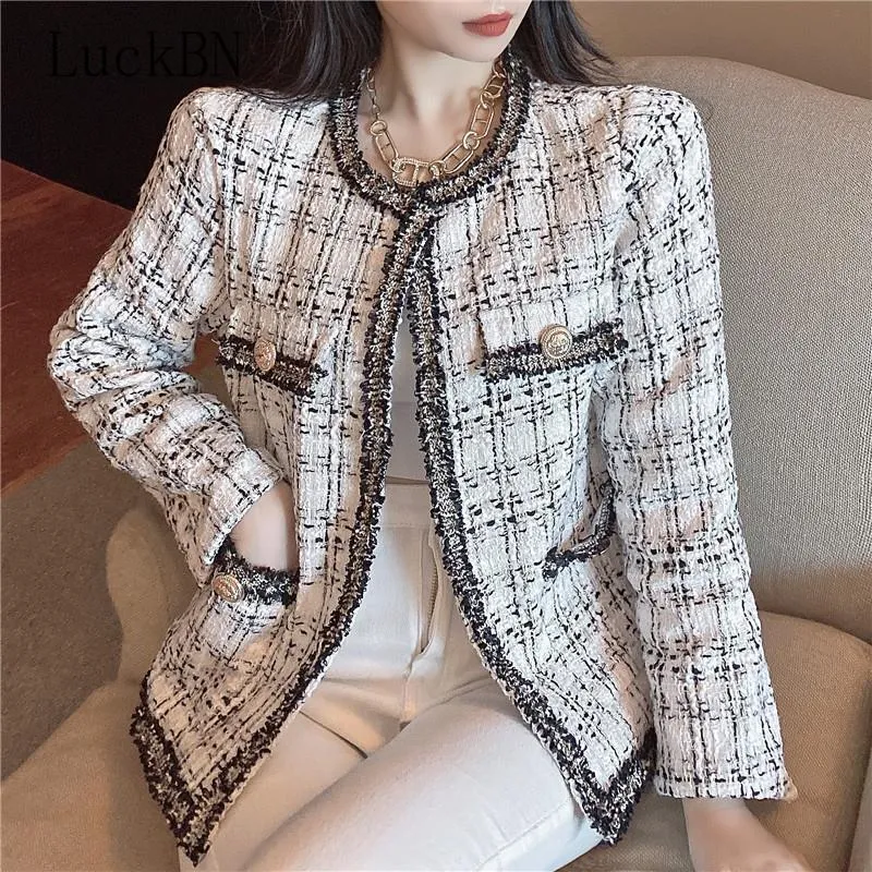 Kurtka Kobiet Vintage Plaid z długim rękawem O otwarty ścieg startowy projektant pasa startowego Tweed Cardigans Fashion Coat