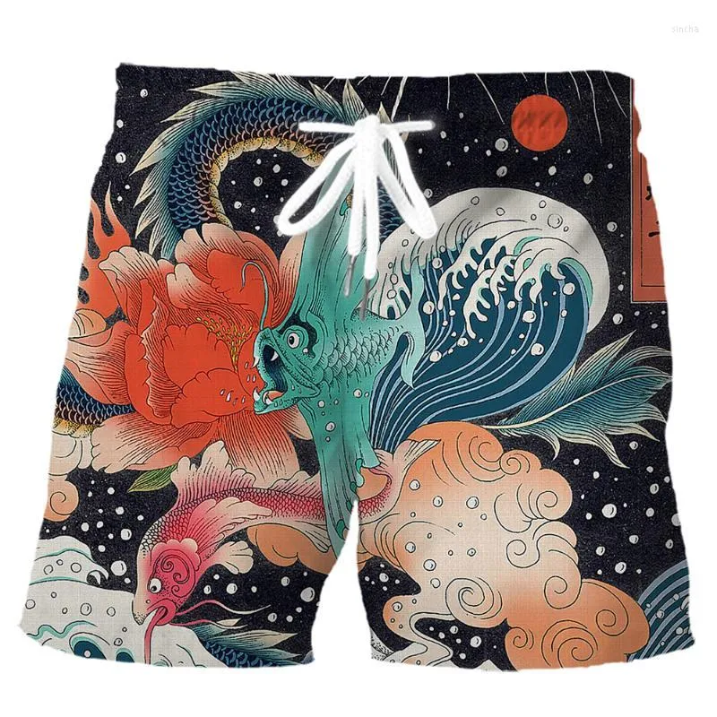 Men's Shorts Fashion Sports Ukiyo-e Rising Sun Wave Dragon Fish Art 3D Printed Pants Summer Pockets Men Casual Board ShortsMen's