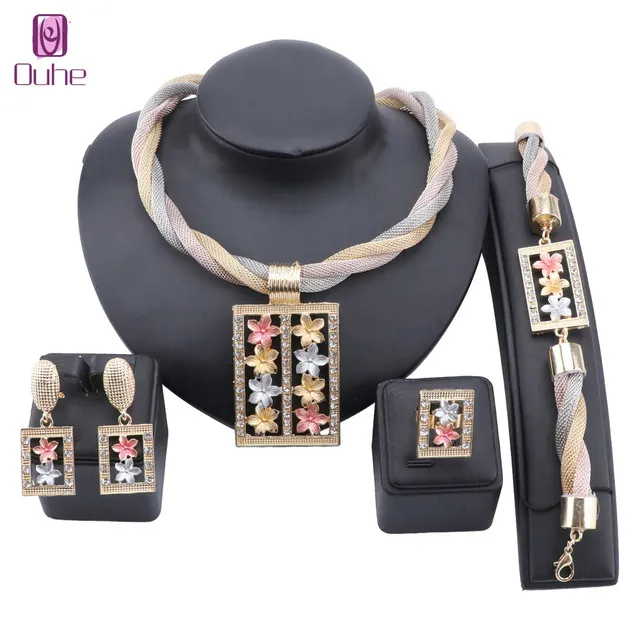 Women Wedding Dubai Gold Colorful Jewelry Sets Crystal Flower Necklace Earrings Bracelet Ring Bridal Gift Jewelry Set