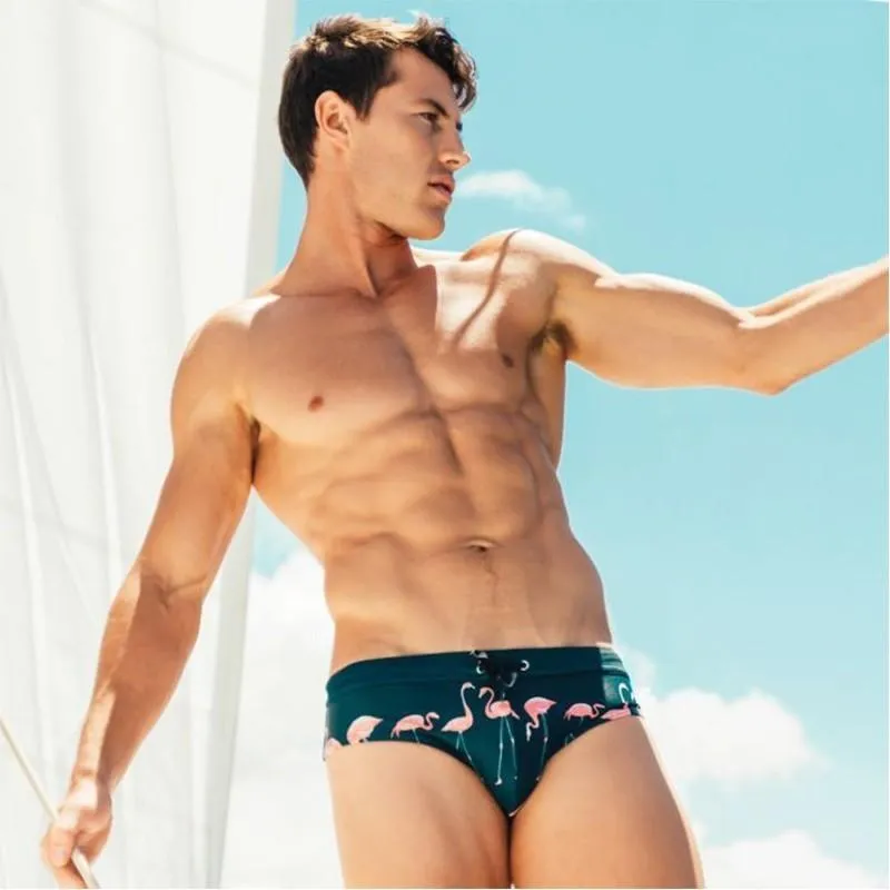 Fita de uma peça Flamingo gayswear masculk Briefs de biquíni com cintura baixa shorts de natação para homens surfando badpak banhista homem de banho de banho