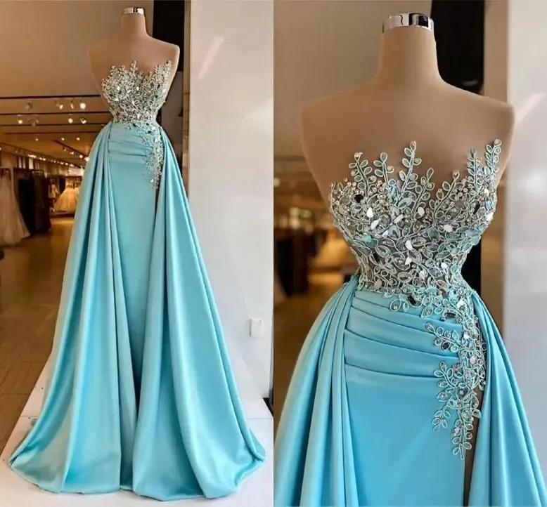 2022 illusion sleeveless Evening Dresses Ruched Side Split Lace Beaded Formal Prom Party Gowns Elegant vestido de novia BC13182