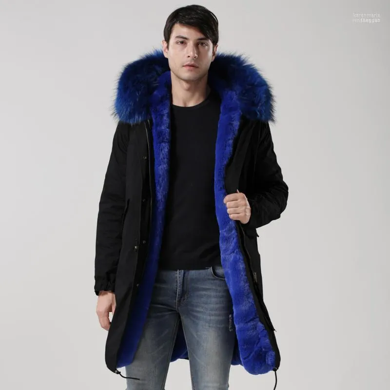 Masculino para baixo Parkas 2022 Raccoon Fur Trim Parka Long Men Louse Warm and Fashion Outwear Blue Faux Lined Jacket1 Kare22