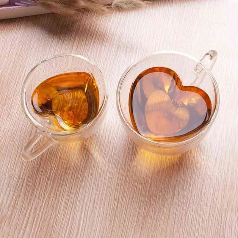 Cuore amore a forma di doppia parete in vetro tazza di caffè home office di tè tazze da latte da tè resistente alla tazza di bevande per amanti della famiglia Y220511