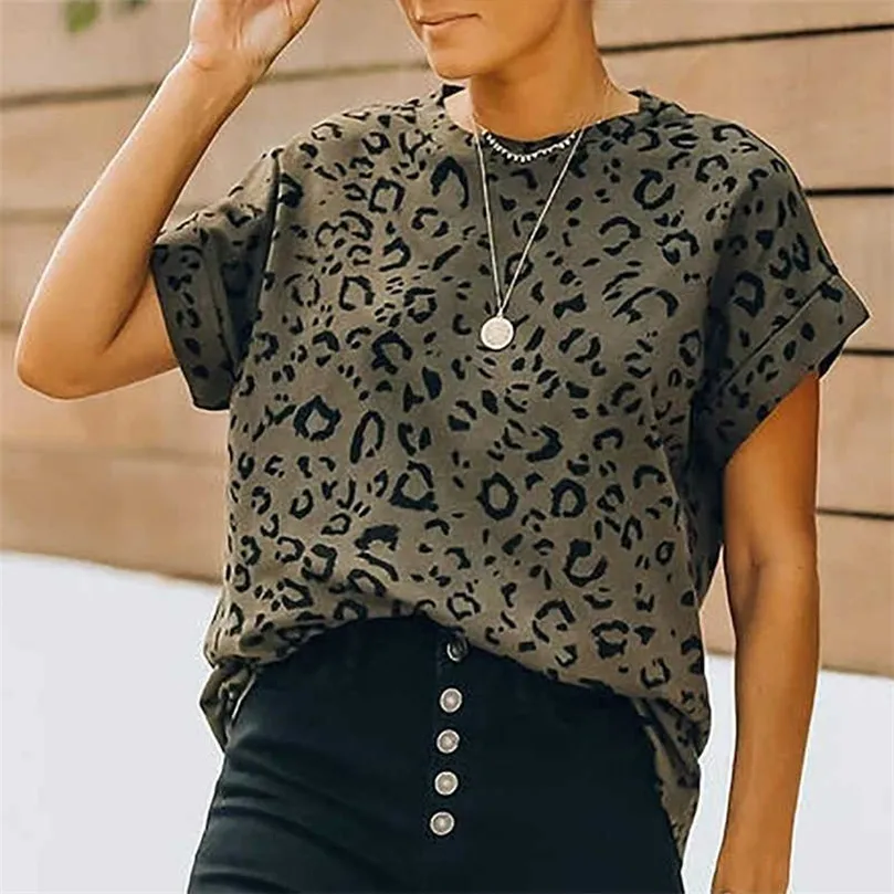 Venir Mince Été Casual Femmes T-shirts À Manches Courtes Mode Léopard Slim O Cou Femmes Vêtements Longue Chemise D'été Tops 210709