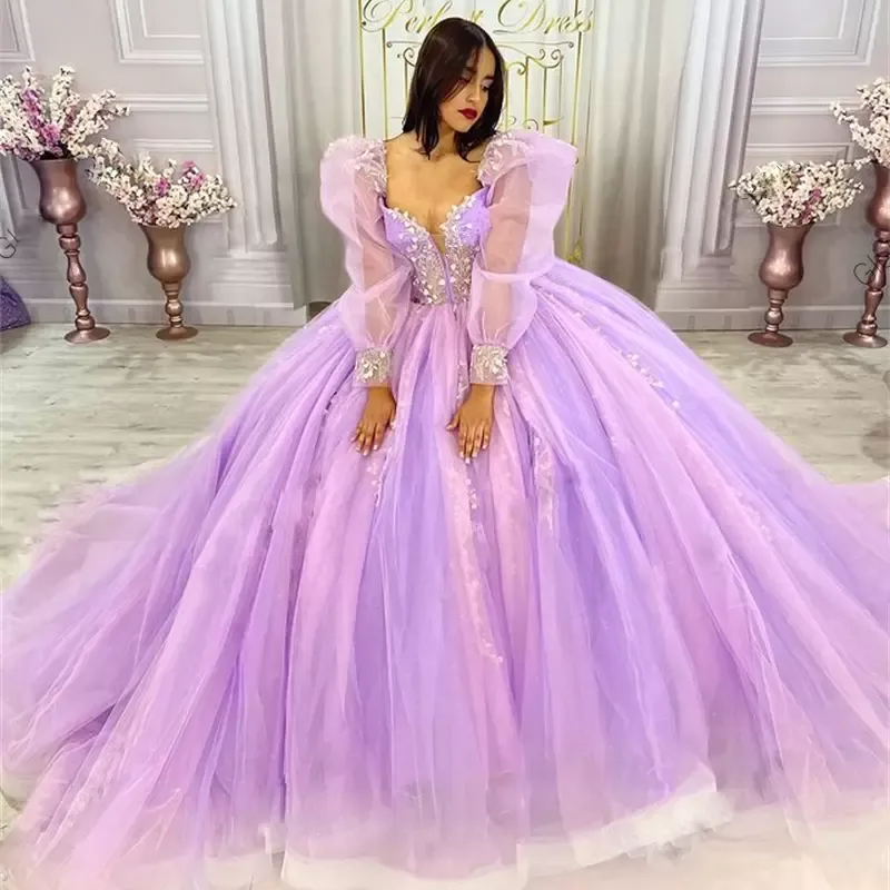 فساتين Lilac Quinceanera الأكمام الطويلة Tulle Tulle Corset Back Plats Ruffles Custom Made Sweet 16 Princess Birthdy Ball Ball Vestidos 2022